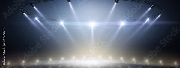 Fototapeta Sport background. Blue ice floor texture and mist. 3D rendering. Snow and ice background. 3D empty ice rink illuminated by spotlights. Scene