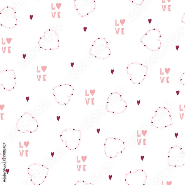 Fototapeta Seamless pattern for Valentines day. Handwritten hearts and lettering. Cute romantic background. Vector Illustration in flat cartoon style.