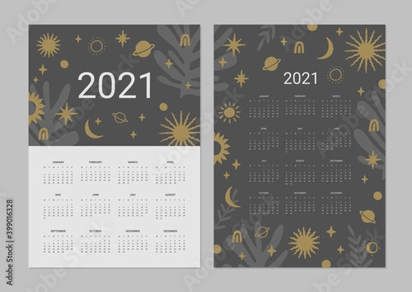 Fototapeta Calendar 2021. Set of 2 Printable creative templates with stars and planets. Night sky backgrounds.