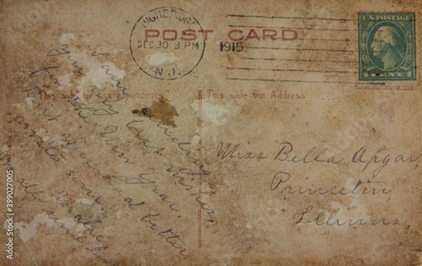 Obraz Reverse side of  old post card, circa 1915. Image in vintage grunge style