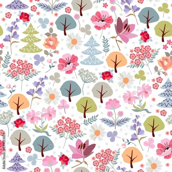 Fototapeta Cute seamless pattern with fairytale forest with trees, flowers and leaves on white background.