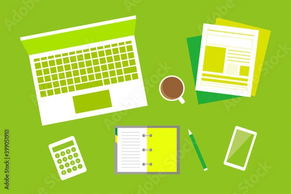 Fototapeta デスク リモートワーク PC モバイル 書類 勉強 オフィス ベクター AI 素材 デザイン