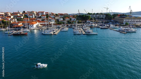 Obraz Aerial view of Trogir harbor and boat sailing