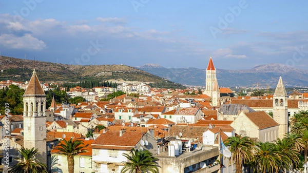Fototapeta Panoramic view of Trogir old town with rooftops nad bell tower