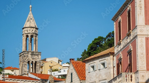 Obraz View of the bell tower of Hvar Cathedral of Saint Stephen and house roofs