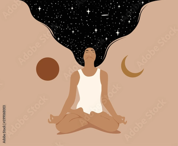 Obraz Meditation or mindfulness or dreaming concept with woman sitting in lotus pose with crossed legs and raised dark hair with starry space texture. Minimalistic vector illustration in trendy pastel color