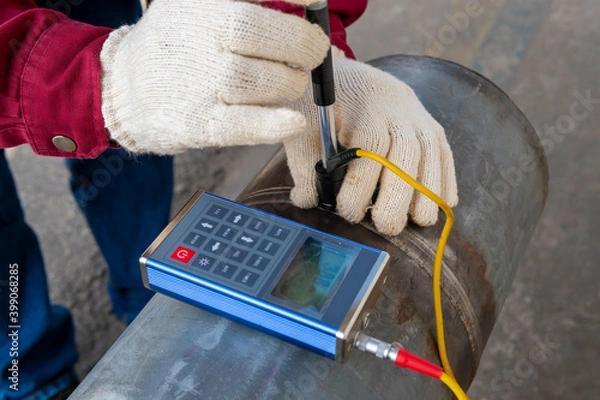 Fototapeta Brinell hardness testing of alloy pipe and welding after a post weld heat treatment (PWHT)