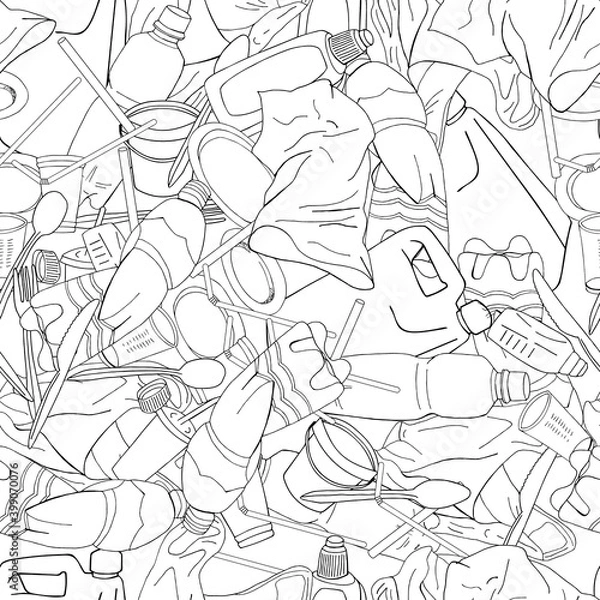 Obraz Plasic garbage seamless pattern hand drawing black outline isolated on white background.
