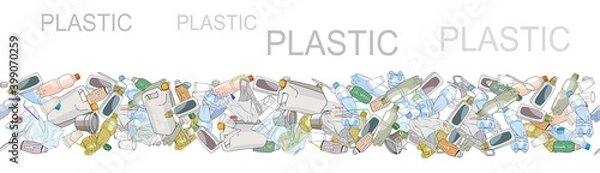 Fototapeta Seamless border with sorted plastic garbage isolated on white. Concept of Recycles Day, World Cleanup Day and ecology.