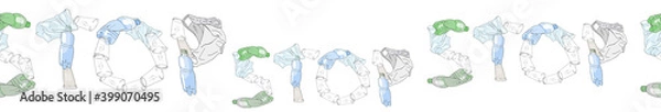 Fototapeta Seamless border with sorted plastic garbage isolated on white. Concept of Recycles Day, World Cleanup Day and ecology.