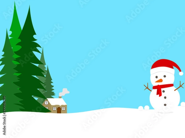 Fototapeta little house with smoke near pine tree forest. winter season with snowman on snow ground and snow ball. illustration christmas with snowman. cold temperature in snowy weather.