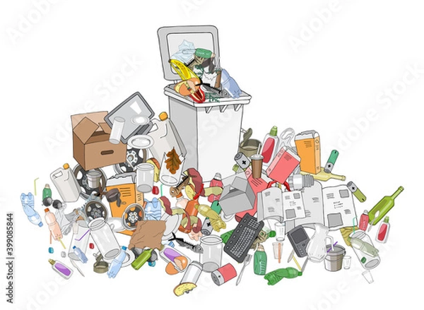 Fototapeta Vector illustration of Trash can. Hand draw collection of different trash. Concept of Recycles Day and ecology