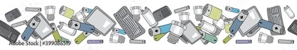 Obraz Seamless border with sorted electronic waste garbage isolated on white. Vector Pattern of separate debris.