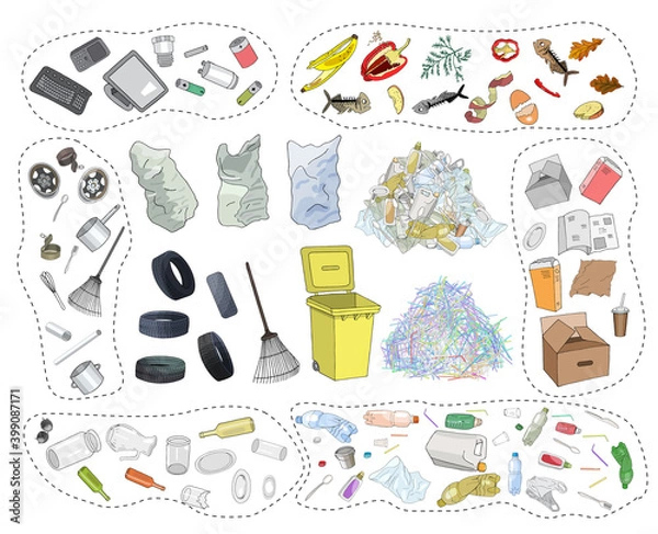 Fototapeta Large set of sorted garbage on white background. Hand drawn vector illustration.