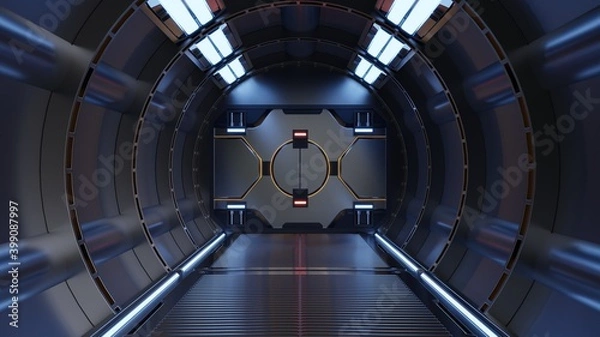 Obraz Science background fiction interior rendering sci-fi spaceship corridors blue light.
