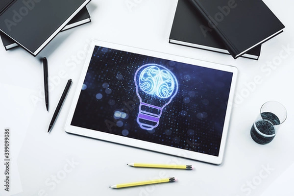 Fototapeta Creative light bulb illustration with human brain on modern digital tablet screen, future technology concept. Top view. 3D Rendering