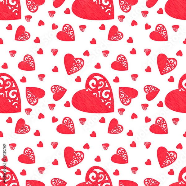 Fototapeta Seamless pattern on a white background of red hearts with a wooden structure and openwork edge