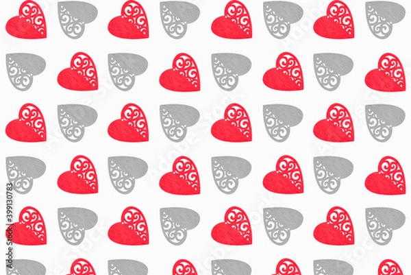 Fototapeta Seamless pattern on a white background of red hearts with a wooden structure and openwork edge