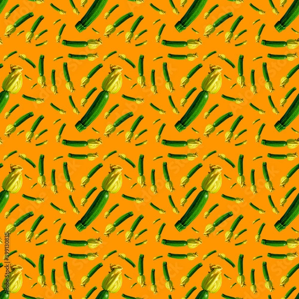 Fototapeta Seamless pattern of young zucchini with a yellow flower