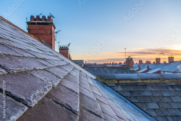 Fototapeta Frost covered roof tiles and chimneys and sunrise in an urban scene