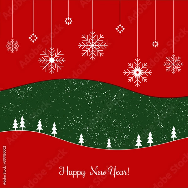 Fototapeta Happy new year digital card vector, classic red and green christmas colors with christmas trees, snowfall and snowflakes