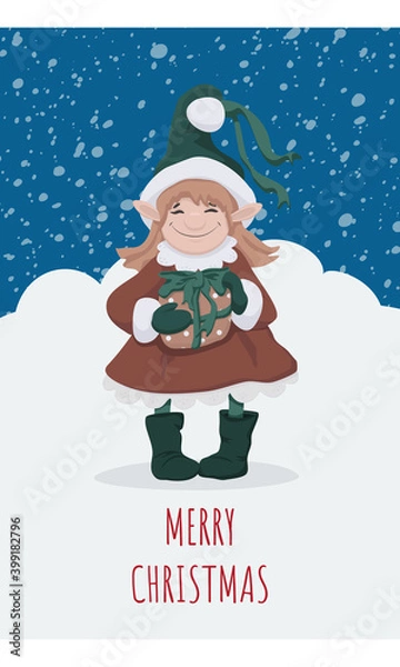 Fototapeta Cute christmas postcard with an elf girl standing and carrying a gift box. Vector illustration