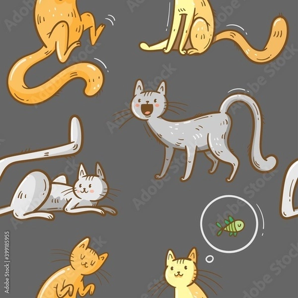 Obraz Seamless pattern with  cute cartoon cats on gray background.  Funny doodle kitten wallpaper. Vector colorful doodle image. Playful animal print.