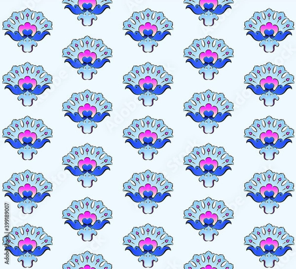 Fototapeta Turkish Tile Pattern Seamless Texture Design. Crown leaf motif on a baby blue background.