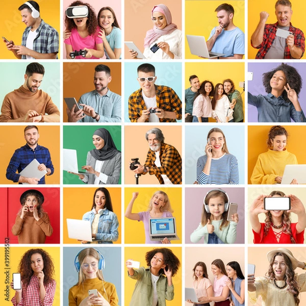 Fototapeta Collage of photos with different people using devices on color background