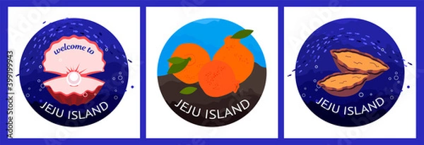 Obraz illustration with oyster with pearl, Orange Hallabong and abalone on jeju island. Jeju-do island symbols. Modern abstract design for packaging, paper, fabric, interior decor, souvenirs and clothes