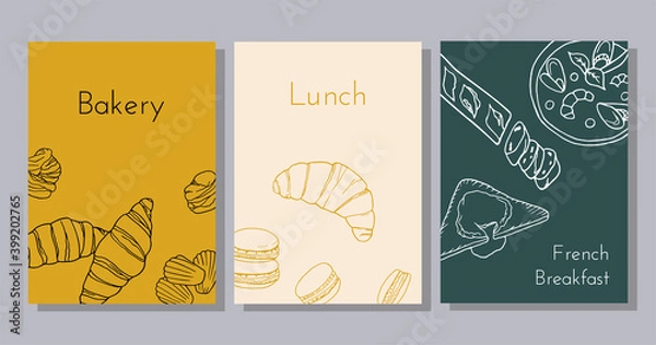 Fototapeta Hand drawn poster set with croissant, profiterole, macaron, madeleine, baguette, bouillabaisse, poached egg. Design sketch element for menu cafe, bistro, restaurant, bakery.  Vector illustration.