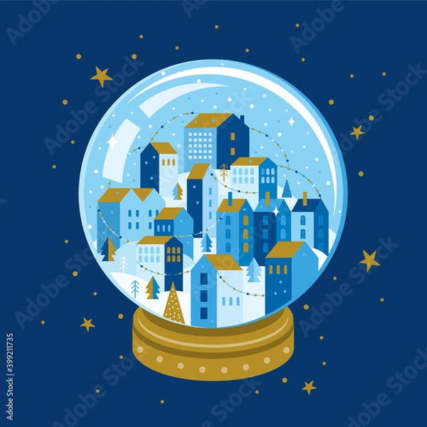 Fototapeta Night winter city landscape inside a Christmas glass ball with a gold base. Xmas Snowball with trees and house in geometric style. New year city with garlands on a dark blue background with gold stars
