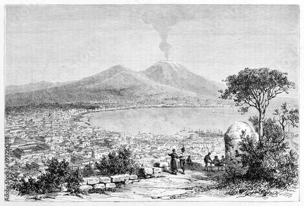 Fototapeta Large overall view of Naples gulf with city, sea and Vesuvius in background from the hill top. Ancient grey tone etching style art by Girardet, Le Tour du Monde, 1861