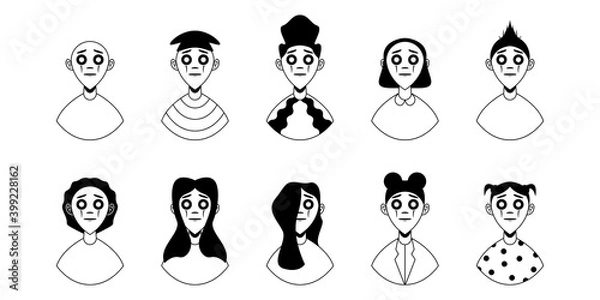 Fototapeta Modern cartoon character. Set of ten black and white portraits with different hair and details. Vector illustration design for your project and business.
