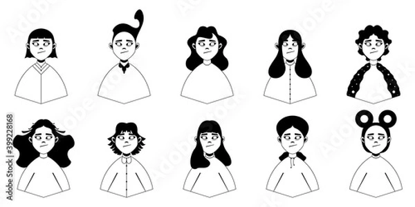 Fototapeta Modern female character. Set of ten black and white portraits with different hair and details. Cartoon. Vector illustration design for your project and business.