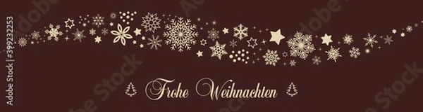 Obraz Weihnachten vektor, gewellt mit Schneeflocken und Sterne in gold. Frohe Weihnachten Grüße. Brown Background.
Übersetzung Deutsch in Englisch: Frohe Weihnachten ist Merry Christmas.
