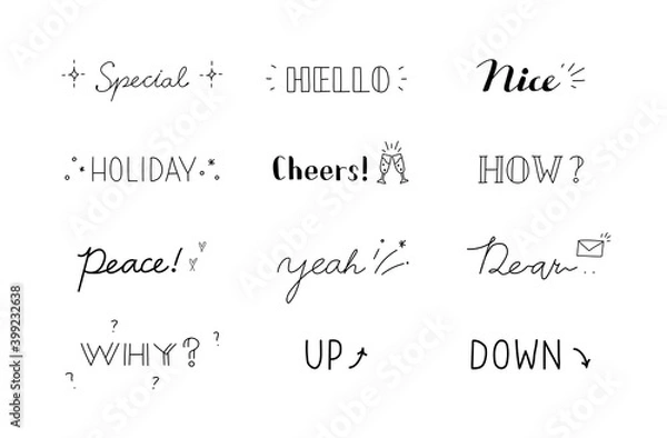 Fototapeta 英語の単語と手描きイラストのセット／文字／カリグラフィー／筆記体／言葉／かわいい／飾り／装飾