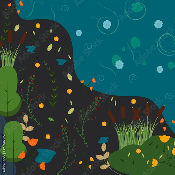 Obraz vector illustration forest and river, flowers on a dark background