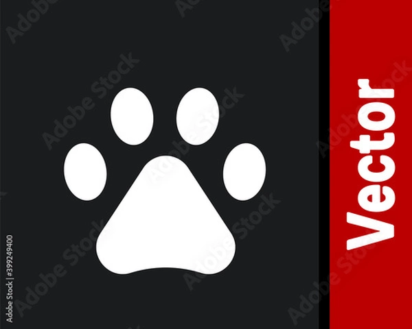 Fototapeta White Paw print icon isolated on black background. Dog or cat paw print. Animal track. Vector.