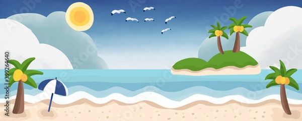Obraz 青空のリゾート地の景色と島　ビーチのバナー

