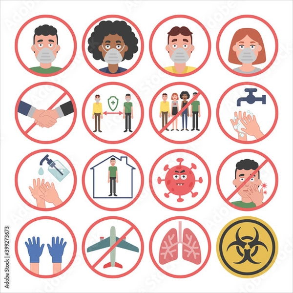 Fototapeta Information about covid-19 and virus protection tips. Vector illustration