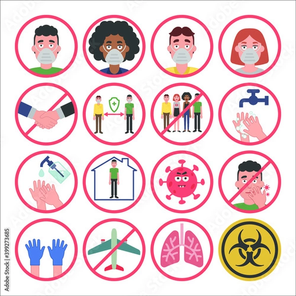 Fototapeta Information about covid-19 and virus protection tips. Vector illustration