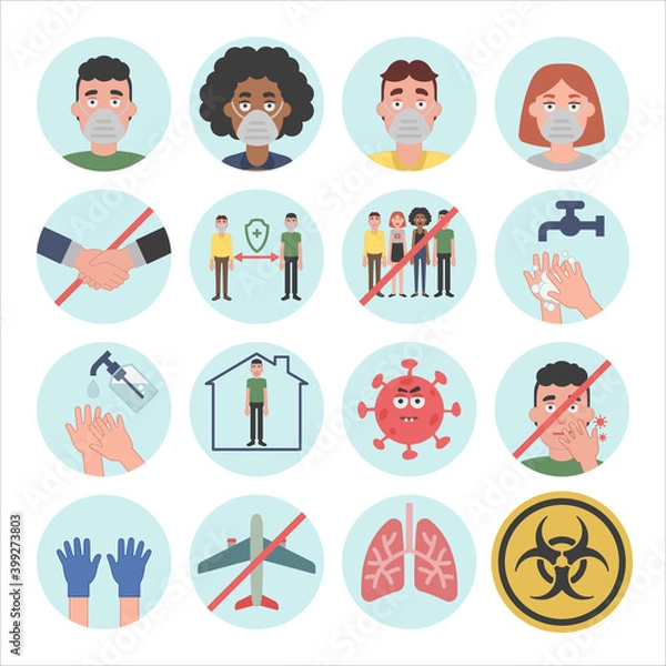 Fototapeta Information about covid-19 and virus protection tips. Vector illustration