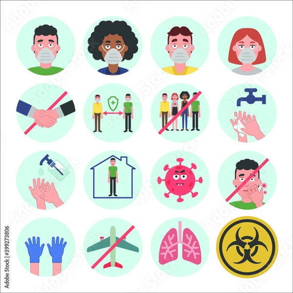 Fototapeta Information about covid-19 and virus protection tips. Vector illustration