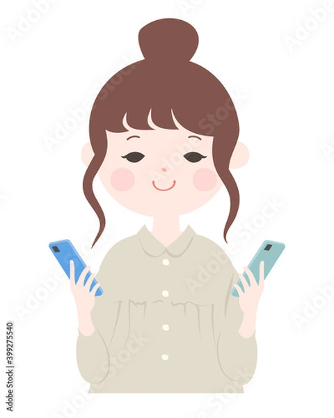 Fototapeta スマートフォンを両手に二台持つ若い女性　上半身