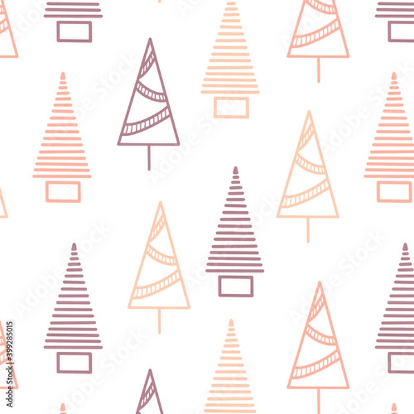 Fototapeta Triangle Christmas trees seamless pattern violet yellow orange pink modern image flat design. Fir pine graphic design element illustration for printed materials leaflets posters, business cards web