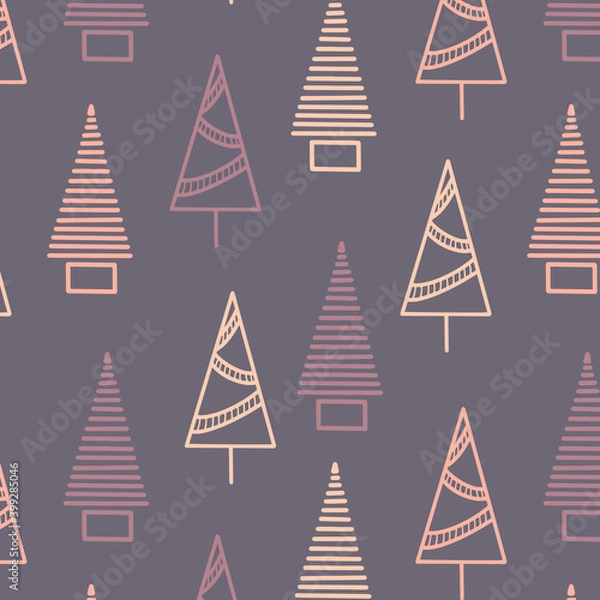Fototapeta Triangle Christmas trees in a seamless pattern modern flat design. Minimal fir pine graphic design element amazing illustration. Violet yellow pink print materials leaflets posters, business cards web
