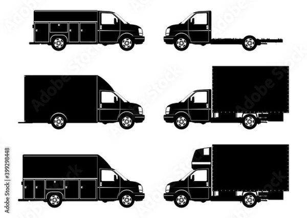 Obraz Modern truck icon. A set of six delivery trucks in various configurations. Flat vector.