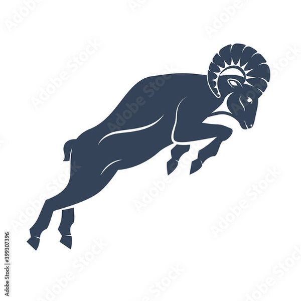 Fototapeta A ram in fighting stance with a large horn jump. Side view. Zodiac astrology symbol of the sheep. Aries illustration vector flat design. Silhuette of a goat as a mascot of fortune and sport