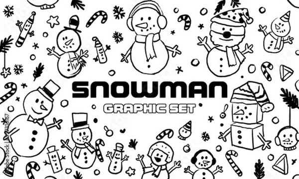 Fototapeta snowman graphic set with hand drawn crayon style 